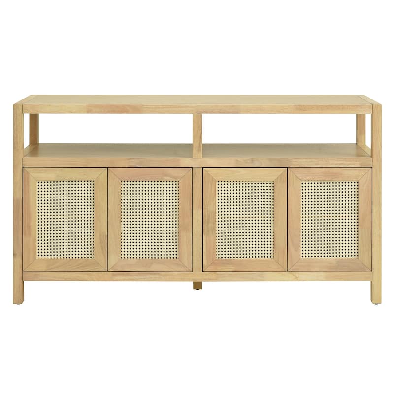 Bohemian Style Rattan Buffet Storage Cabinet with 3-Position Adjustable Shelves and Solid Wood Frame, for Dining Room