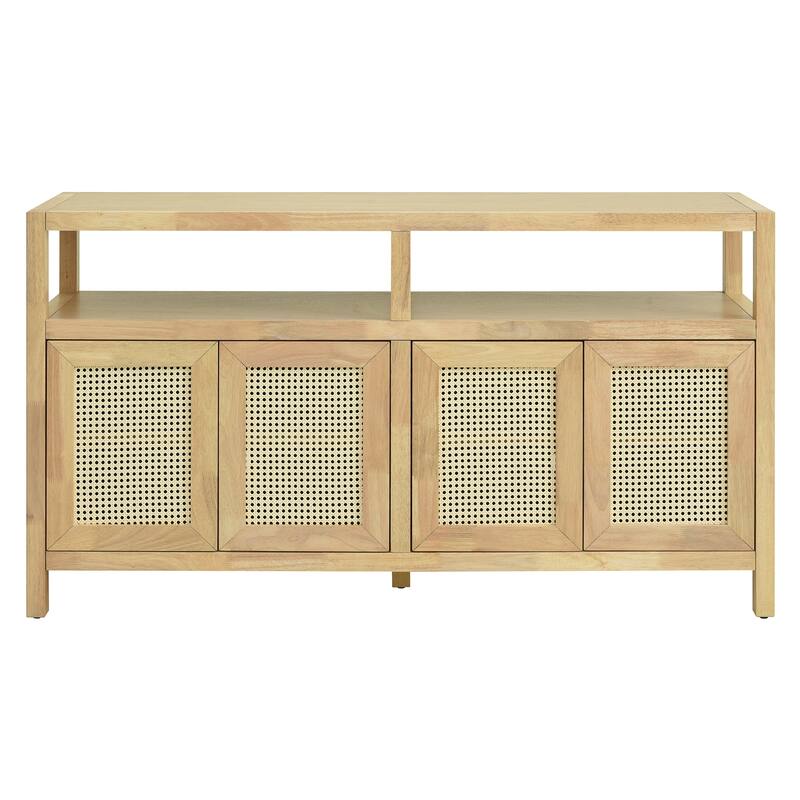 Bohemian Style Rattan Buffet Storage Cabinet with Solid Wood Frame, Sideboard with Adjustable Shelves for Living & Dining Rooms