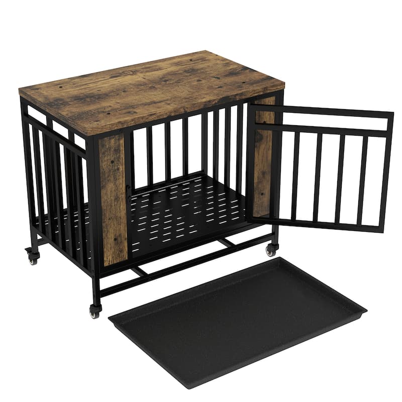 GDFStudio - Kary Wooden Dog Crate Furniture with Iron Door and Tray for Medium/Small Dogs