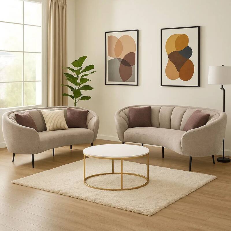Zui 2pc Sofa Loveseat Set, Modern Curved Shape Beige Tufted Fabric, 4 Pillows