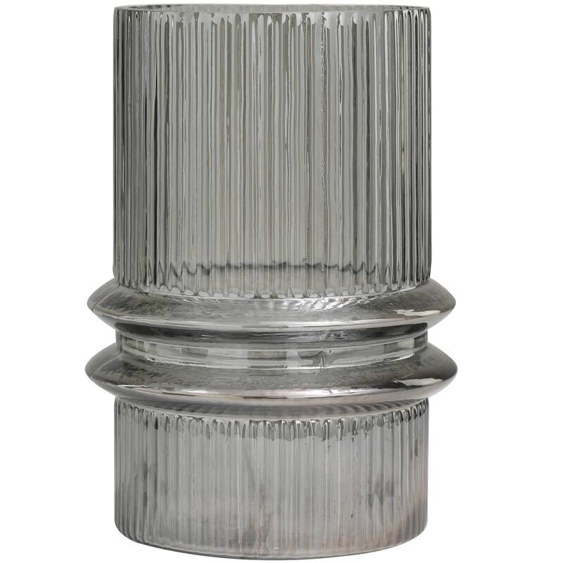 Gray Glass Wide Ribbed Candle Holder with Fluted Center