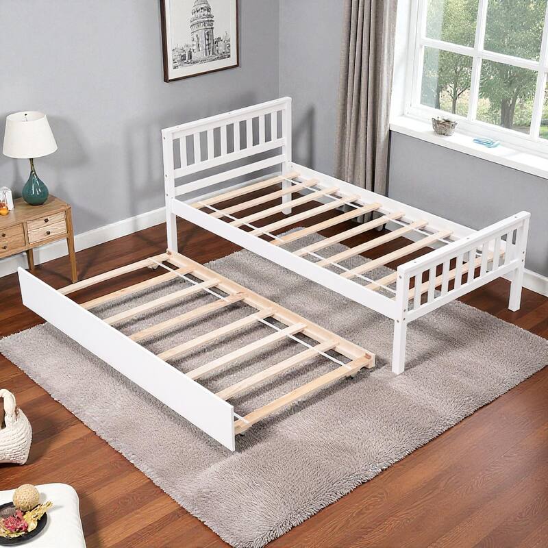 Twin Size Wooden Platform Bed with Trundle, Headboard and Footboard, Space-Saving Design for Guest or Small Bedroom