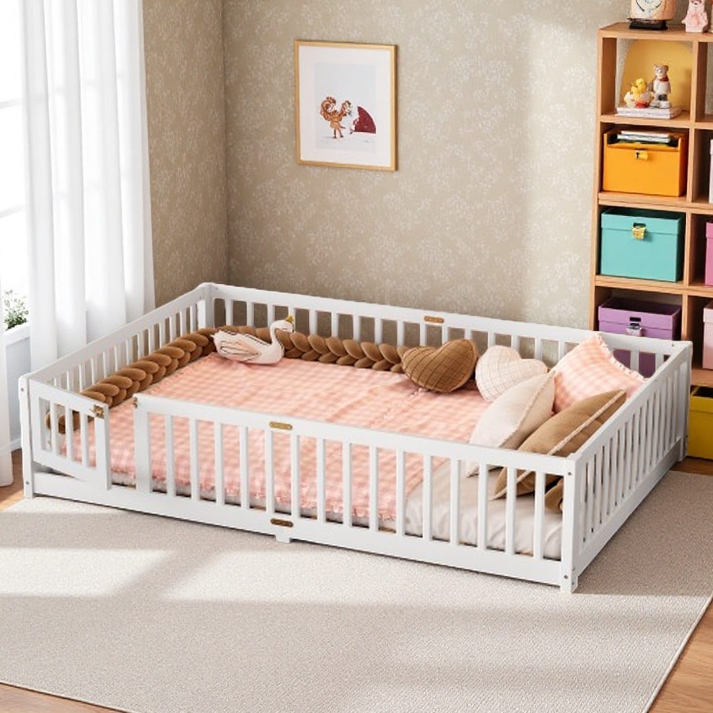 Queen Floor Bed for Kids with Removable Door, Low-Profile Wood Frame with Protective Rails, Natural Finish