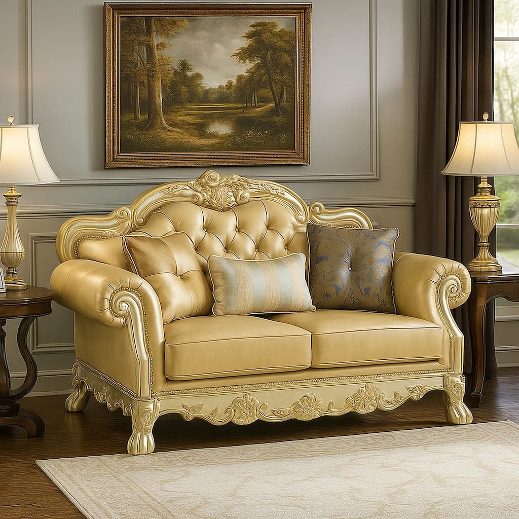 Traditional Button Tufted Leatherette Loveseat with Carved Details, Gold
