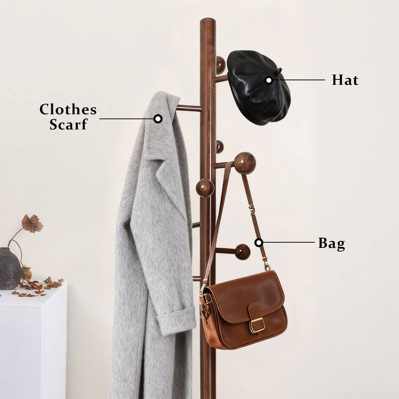 Solid Wood Coat Rack Freestanding Coat Tree Stand with 9 Hooks - 72.4"H x 15.4"W