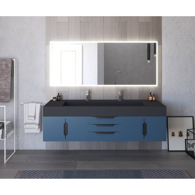 Nile 72" Wall Mounted Bathroom Vanity Set w/ Black Top