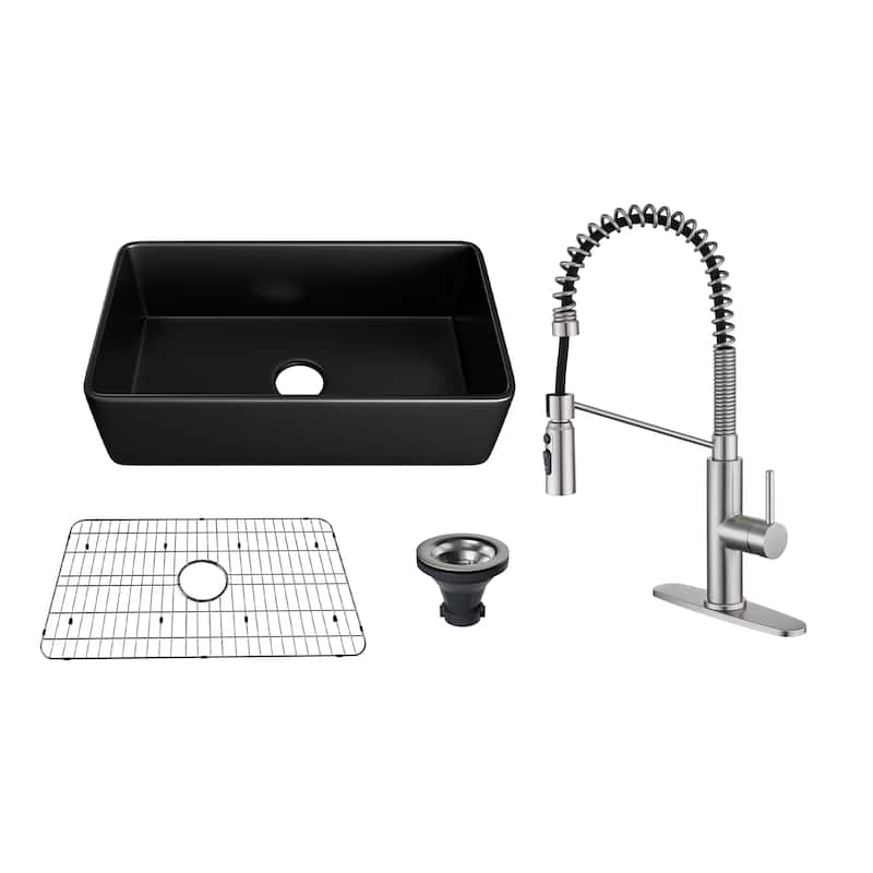 Farmhouse/Apron-Front Single Bowl Fireclay Kitchen Sink with 3-Function Pull-Down Kitchen Faucet, Grid, and Basket Strainer - 33" Matte Black Sink + Brushed Nickel Faucet - 33 x 18 x 10