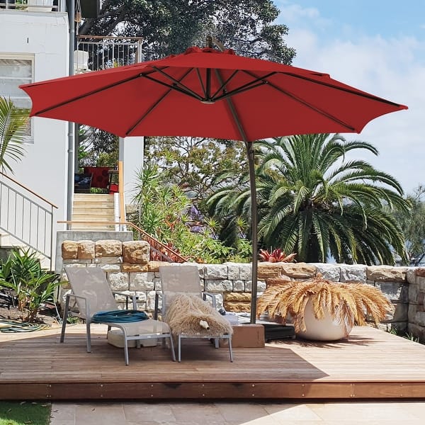 slide 2 of 8, 11 ft.Aluminum Curvy Cantilever Offset Hanging Patio Umbrella With Sandbag Base Red