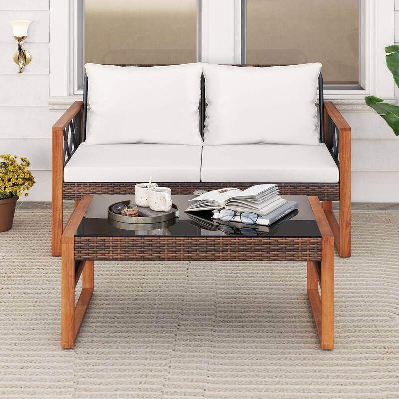 2 Piece Mix Brown PE Rattan Outdoor Loveseat with Cushions and Coffee Table - Loveseat: 28" x 50" x 31.5"
