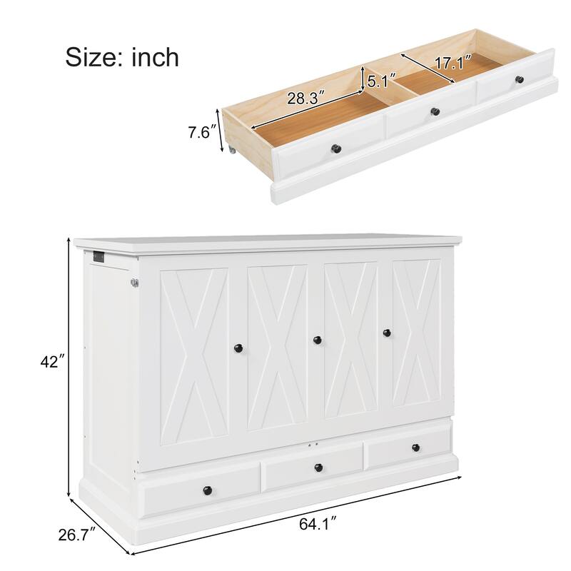 Solid Pine Murphy Bed with Charging Station and Large Storage Drawer