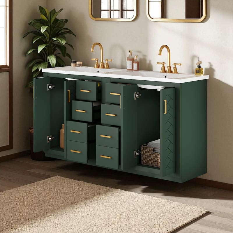 60" Green Bathroom Vanity with Double Ceramic Sink Combo, Solid Wood Frame, 3 Drawers & Soft-Close Doors Freestanding Cabinet