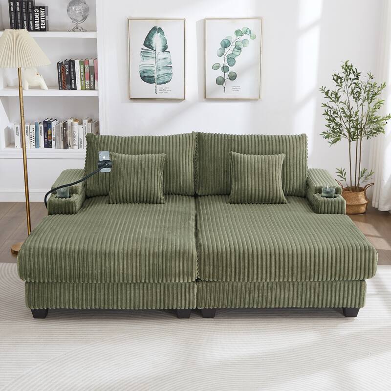 Corduroy Chaise Lounge Sofa Loveseat Sleeper Sofa with Adjustable Backrest, Cup Holders, Phone Holder and Dual Storage Armrest