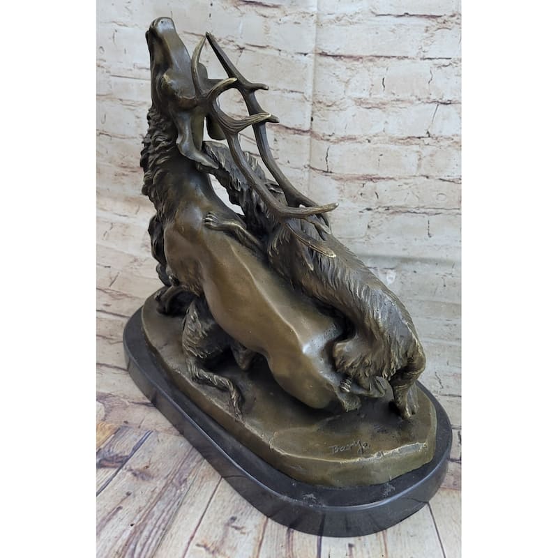 Elk Reindeer Attacked By Hunting Dogs Bronze Statue Sculpture Figure Barye 14 Inches X 16 Inches