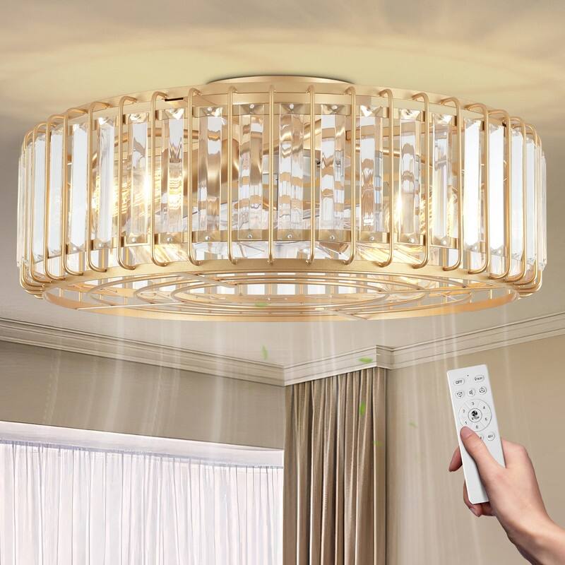 20 in. Indoor Gold Crystal Ceiling Fan with Light, Mid Century Gold Fandelier with Remote Control, 6 Speeds for Bedroom - Golden