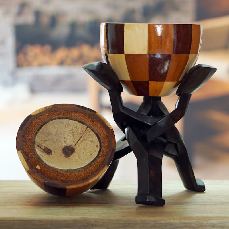 Novica Handmade Checkered Secret Wood And Coconut Shell Sculpture