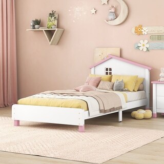 Twin Size Wood Platform Bed with House-shaped Headboard  (White+Pink)