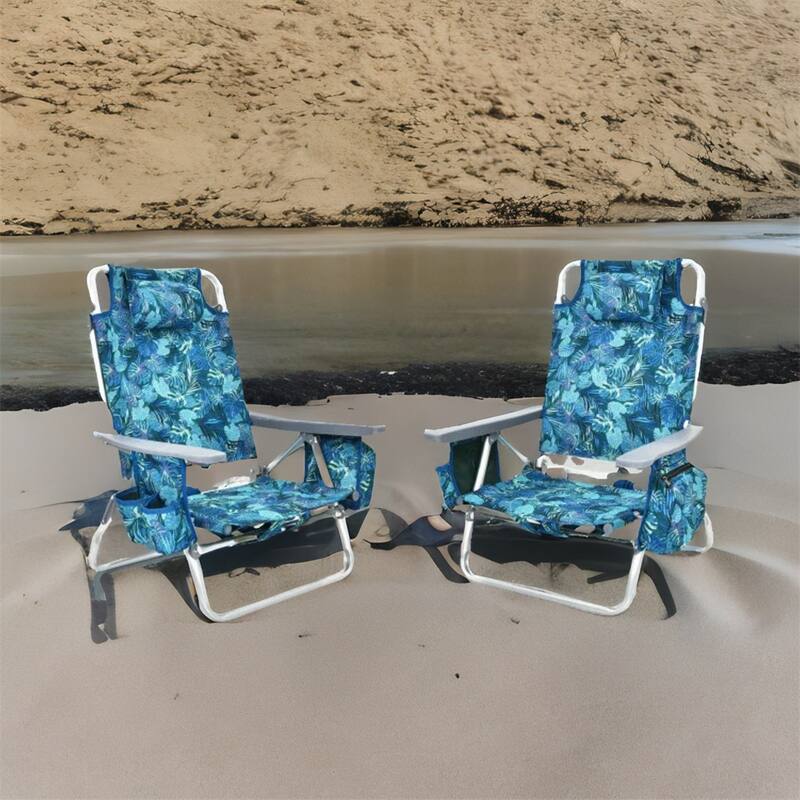 Adjustable Backrest Folding Beach Chair with Pillow - Navy Blue