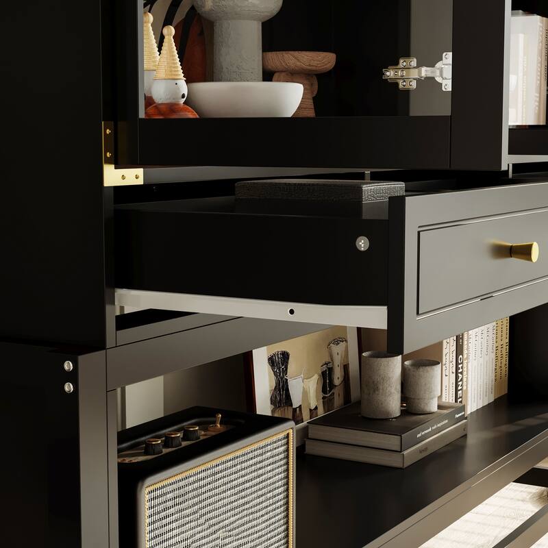 Bookshelves Black Display Cabinet with Glass Doors, Wood Grain Back, Metal Corner Accents - 66.1"x74.8"