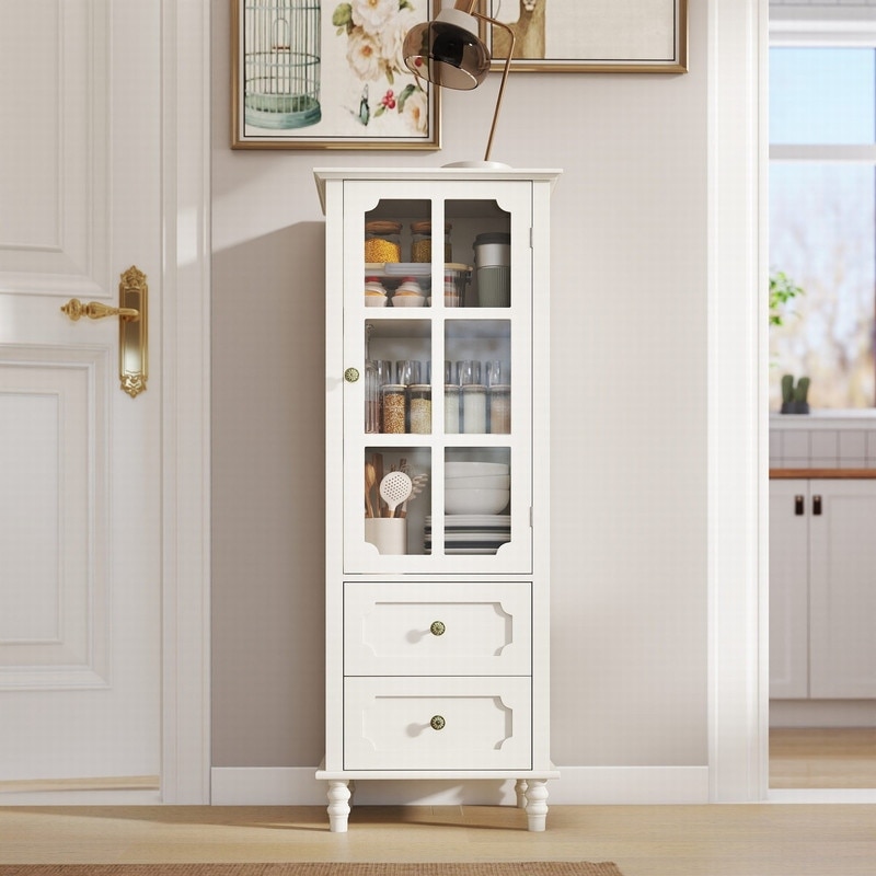 Modern 52.36" Wooden Buffet Cabinet with Glass Doors and Double Drawer for Living room, Dining Room Hallway Entryway