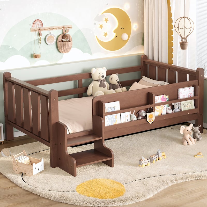 Full/Twin Floor Bed with Storage Bookcases & Cute Stairs - Solid Wood Kids Bed, No Box Spring - Walnut - Twin