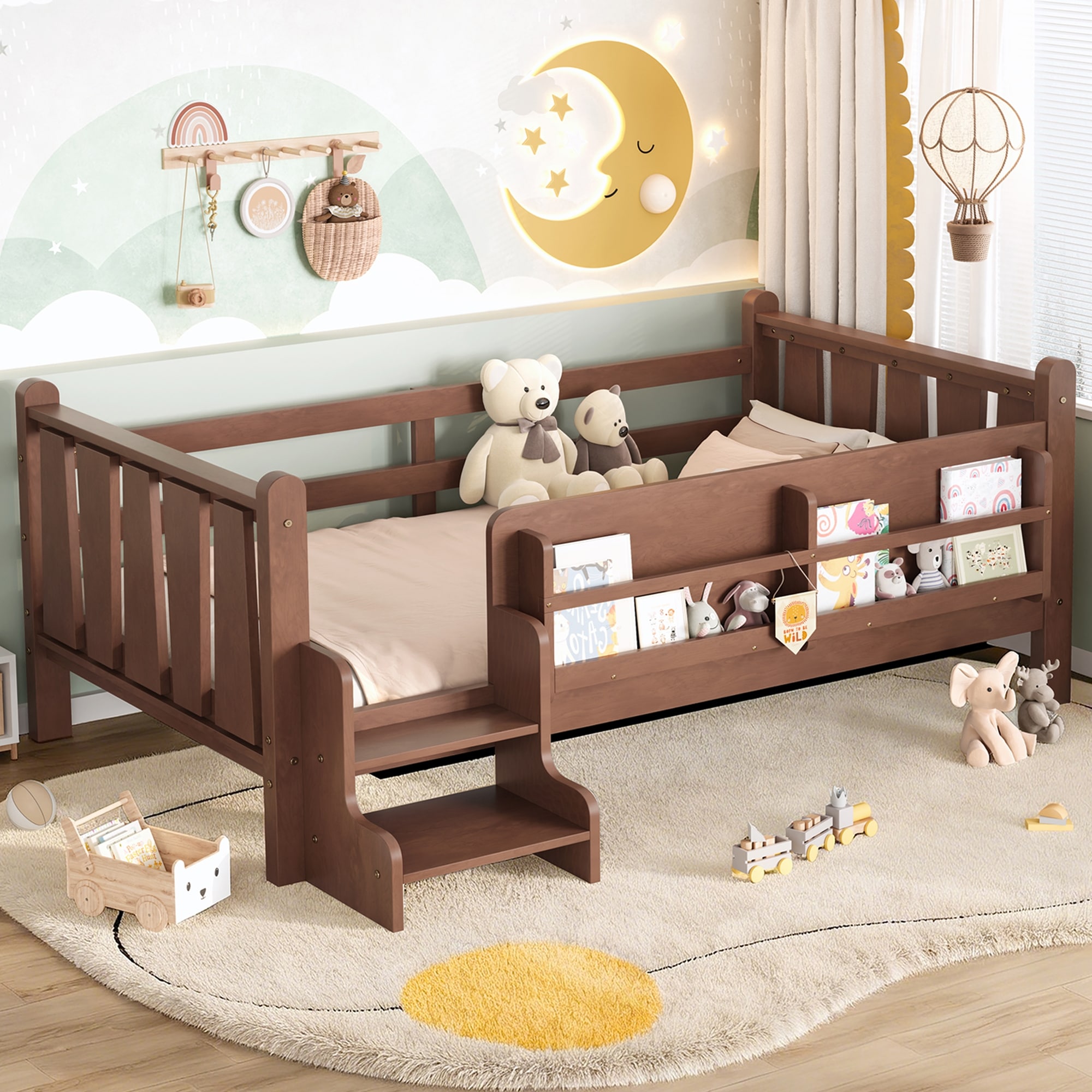 Twin Size Floor Bed with Storage Bookcases, Solid Wood Kids Floor Bed with Cute Stairs and Guardrails, No Box Spring Needed