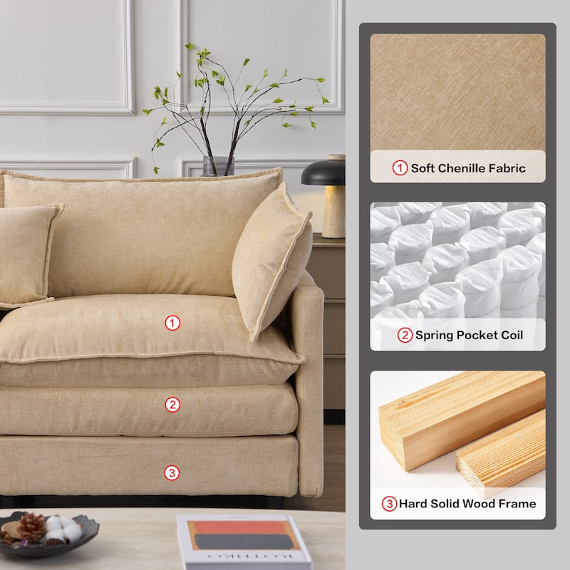 Chenille Upholstered L-shaped Sectional Sofa 3 Seater Modular Couch with Ottoman, Pillows and Double Layer Seat Cushions