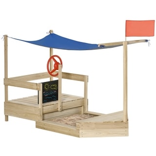 Kids Sandbox with Cover and Canopy for Shade and Bottomless Design - Natural-Blue - 70.75" L x 36" W x 56.75" H