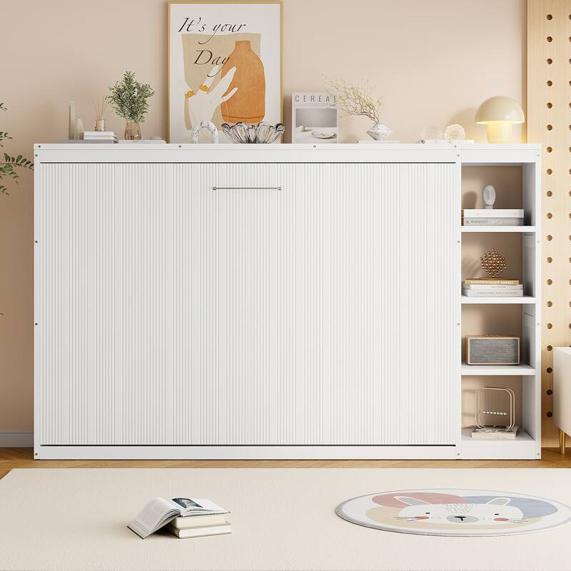 Full Size Murphy Bed Cabinet with Bookshelf, Space-Saving Foldable Wood Wall Bed Frame w/Hidden Bed Foundation & Slats Support