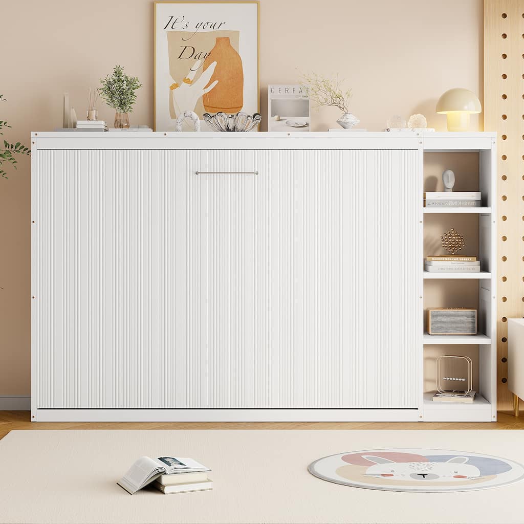 Space-Saving Full Size Murphy Bed with Bookshelf and Storage, White