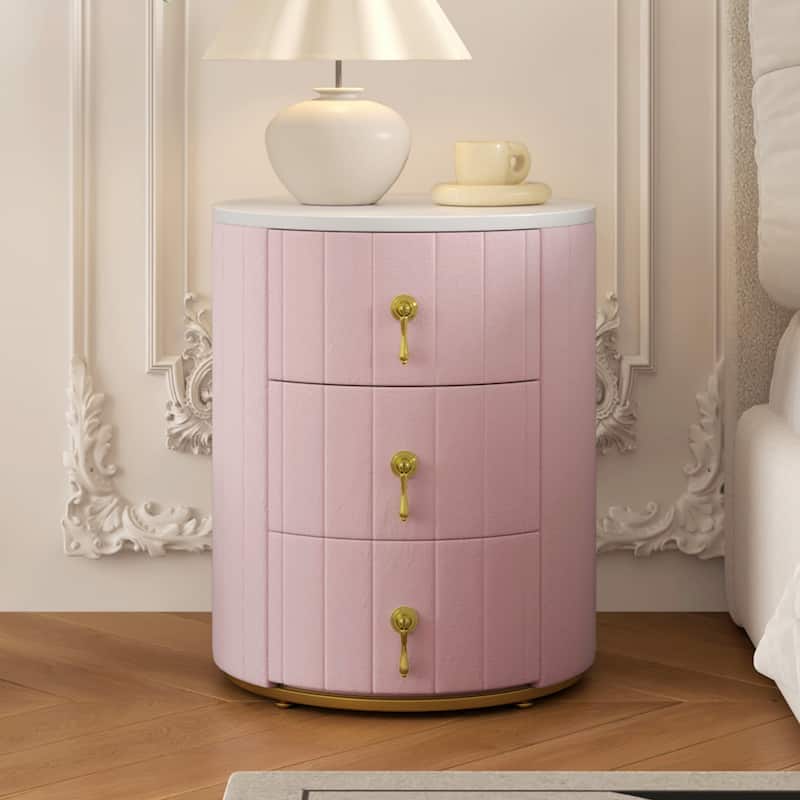 Round Nightstand with 3 Drawers, Velvet Upholstered Storage Cabinet, Sofa Side Table with Marble Table Top & Metal Legs - Pink
