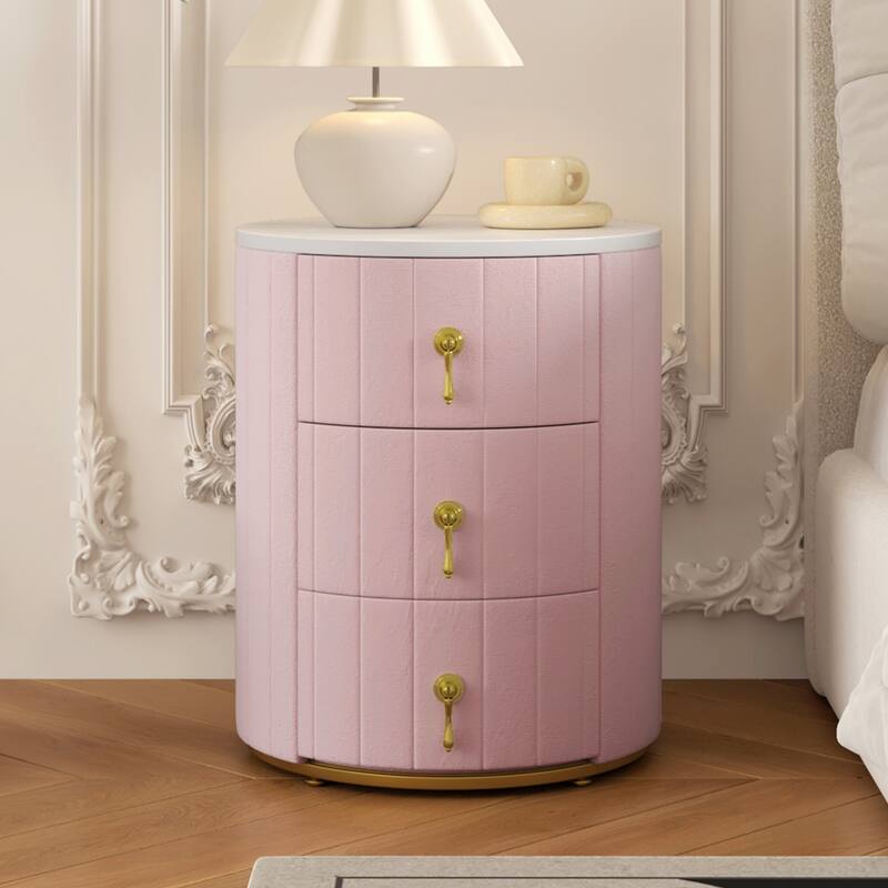Upholstered Nightstand with 3 Drawers, Round Bedside Table with Metal Handles,Marbling Stickers Top Night Table for Bedroom - Pink