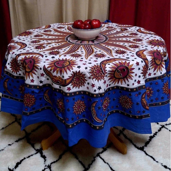Handmade 100% Cotton Celestial Sun Moon and Star Print Tablecloth 72 Inch Round Blue & Beige