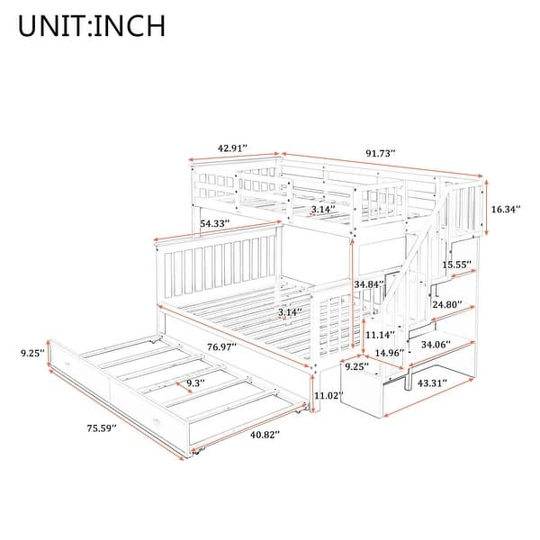 dimension image slide 1 of 2, Solid Wood Twin over Full Bunk Bed Frame with Twin Trundle Bed, Full Headboard, Stairs Storage Shelves and Full-length Guardrail