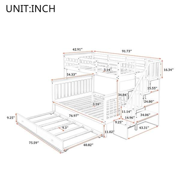 Twin Over Full Solid Wood Bunk Bed with Twin size Trundle, Storage and Guard Rail