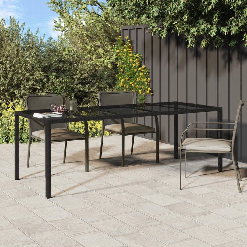 vidaXL Patio Table Outdoor Garden Dinner Table Tempered Glass and Poly Rattan - 98.4 x 39.4 x 29.5 in - Pure black