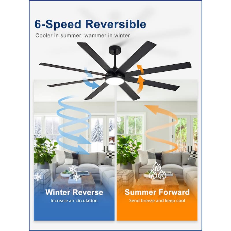Large Ceiling Fan with Light - 8-Blade, Remote App Control, Dimmable 3CCT, Quiet DC Motor​, 66/72 Inches