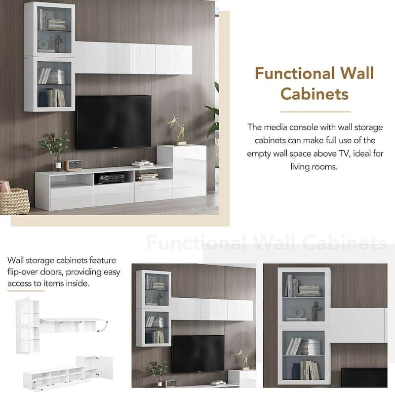 93" Modern High Gloss TV Stand with Wall Mounted Floating Storage Cabinets