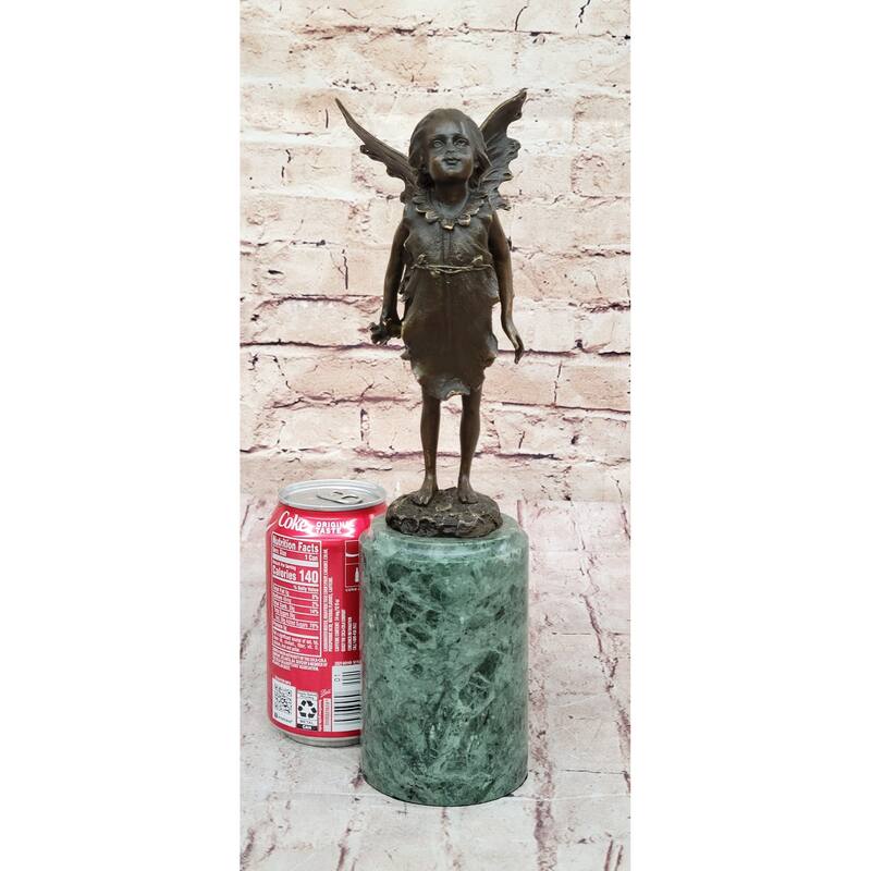 Young Child Girl Angel Fairy Winged Figure Bronze Sculpture On Green Marble Base