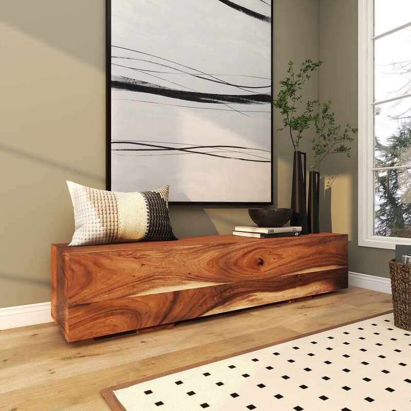 Brown Wood Block Bench with Elevated Base