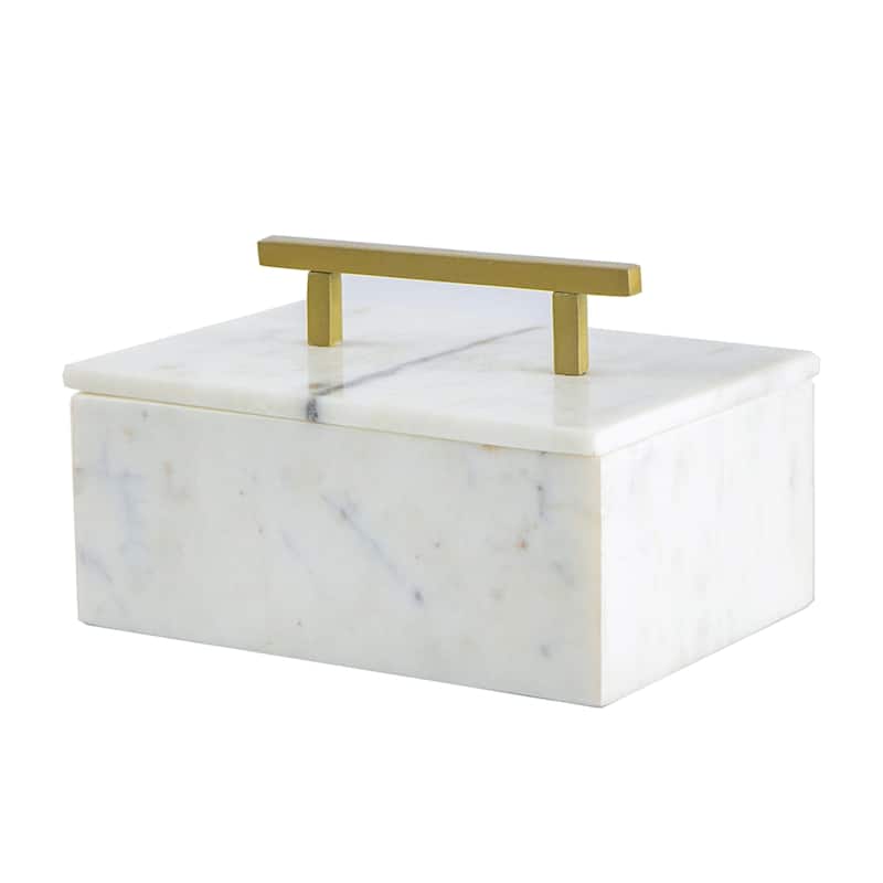Rectangular Marble Box with Brass Finish Handle - 7" - White