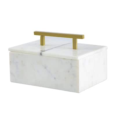 Rectangular Marble Box with Brass Finish Handle - 7" - White