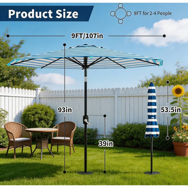 9 ft Patio Umbrella, with Crank Lift & Push Button Tilt, 8 Sturdy Ribs