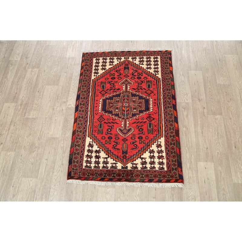 Geometric Persian Hamedan Traditional Area Rug Wool Handmade Carpet - 3'3" x 4'10"