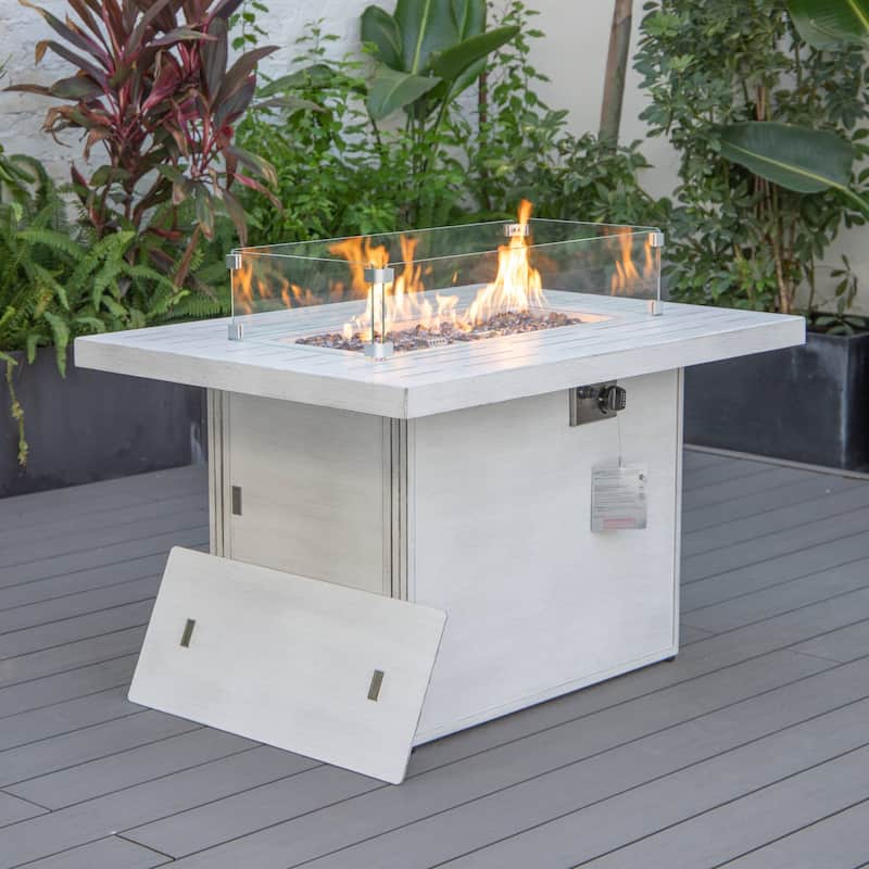 LeisureMod Chelsea 44" Modern 55000 BTU Propane Patio Fire Pit Table with Wind Guard for Porch Backyard Garden Decor - Weathered Grey