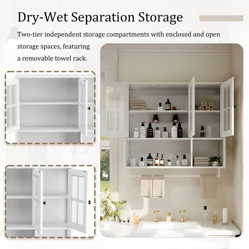 3-Door Bathroom Wall Cabinet with Glass Door, Towel Bar & Storage