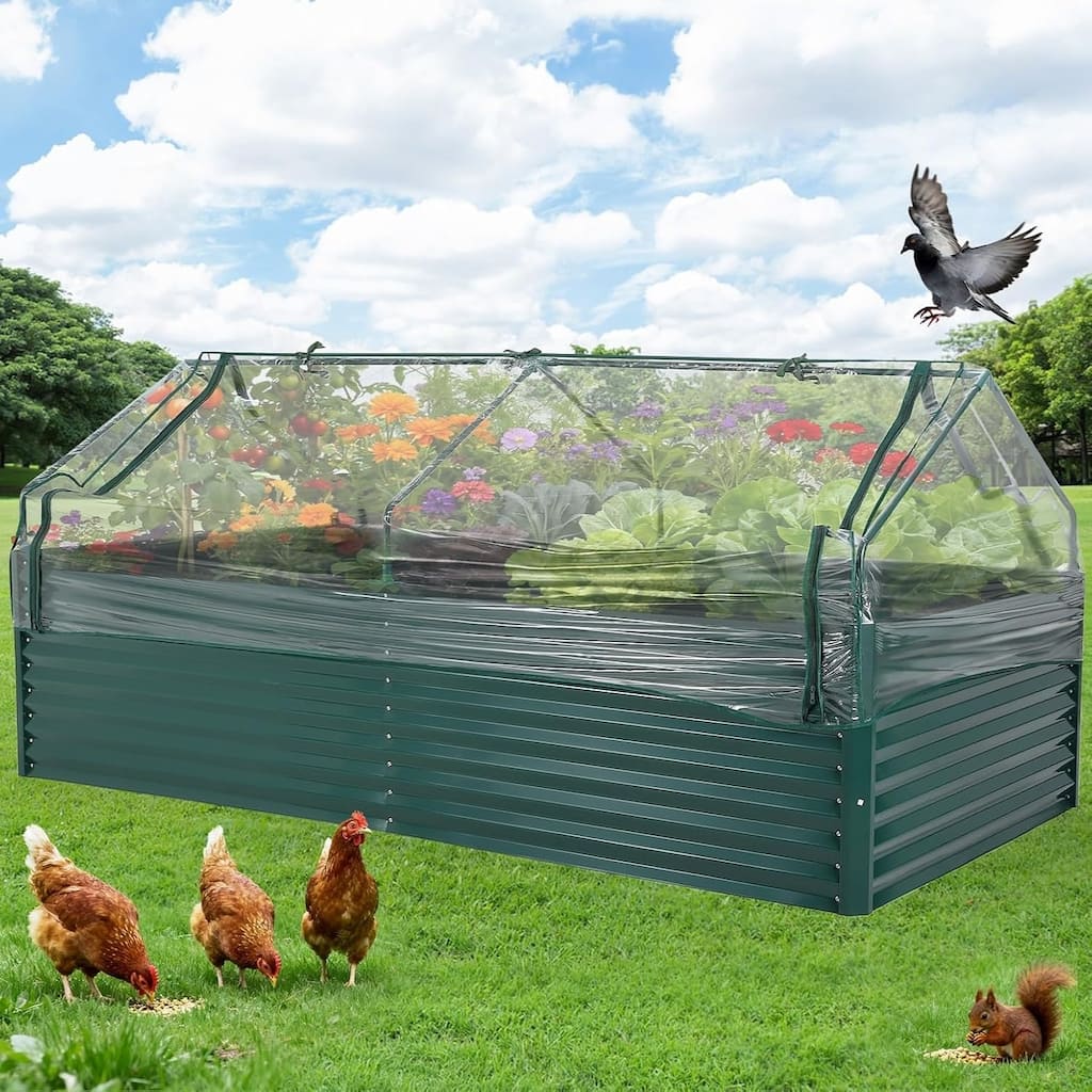 8 x 4 x 2 FT Galvanized Steel Raised Garden Bed Kit with Zipper-Door Greenhouse Cover Dark Green