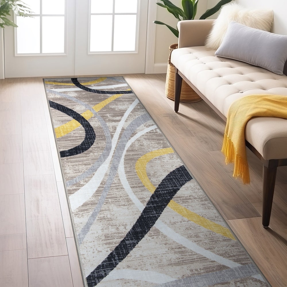 Contemporary Distressed Abstract Lines Non Slip Area Rug