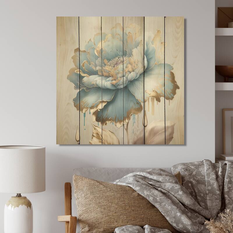 Designart 'Chic Blue Blooming Flower III' Floral Wood Wall Art - Natural Pine Wood