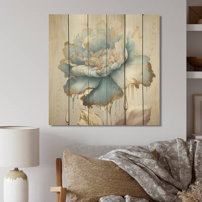 Designart 'Chic Blue Blooming Flower III' Floral Wood Wall Art - Natural Pine Wood