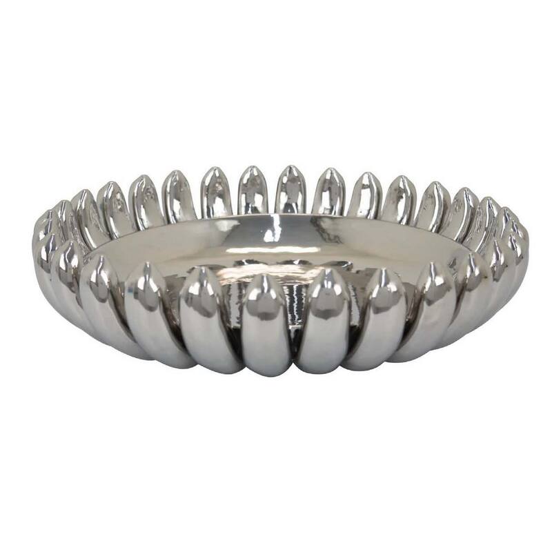 Zoma Accent Bowl, 16 Inch Raised Rounded Edges, Silver Ceramic Body
